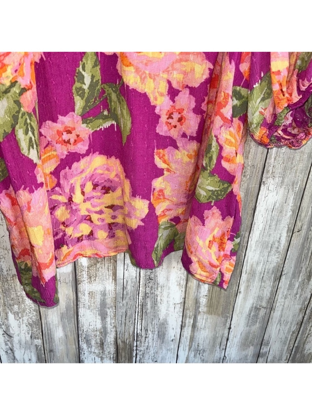 Rachel Roy Floral Blouse Medium Pink Orange Puff Sleeve Boho Top Women - Picture 3 of 5